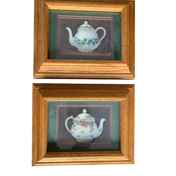 Set of 2 Barbara Mock Teapot Pictures Oak Framed Green Burgundy Double Matted - Picture 1 of 6